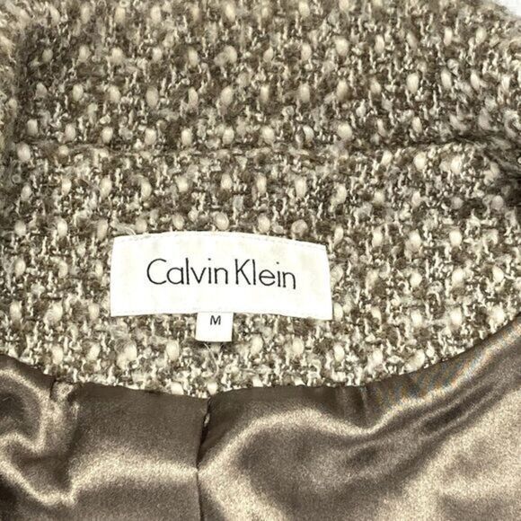 Calvin Klein Tweed Wool Pea Coat Brown Faux Leather Trim Classic Dressy Business - Picture 13 of 15